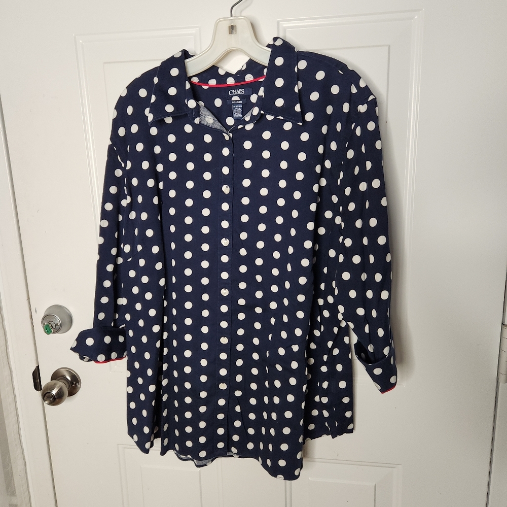 CHAPS Navy and‎ White Polka Dot Long Sleeve Button Down Top  Size 3X